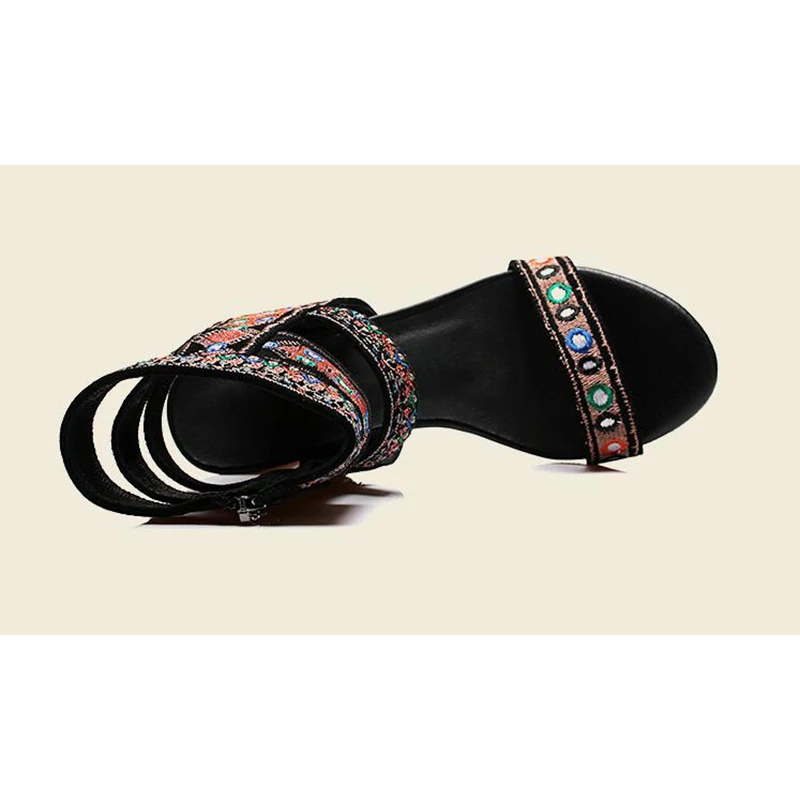 

folk-custom New women sandals thin high heels open toe party women shoes woman Embroidered sheepskin sandalia feminina k654