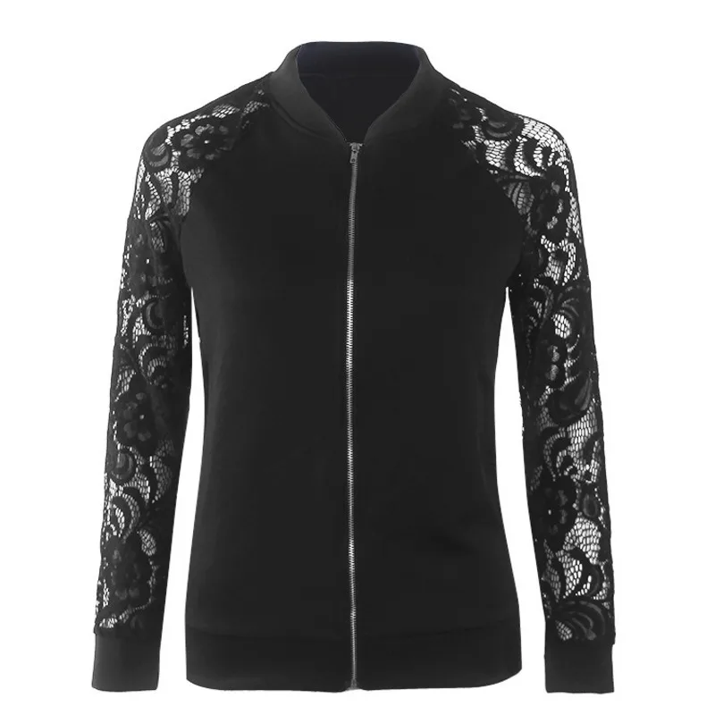 

MIND FEET Women Jacket White Black Lace Long Sleeve Zipper Loose Stand Collar Thin Coat Jacket Woman Outwear Spring Autumn