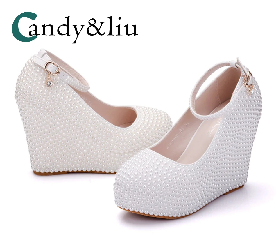 

White Slope-heeled Pearl Wedding Shoes, beige Wedding Garment Shoes, White Slope-heeled Large Size Single Shoes for