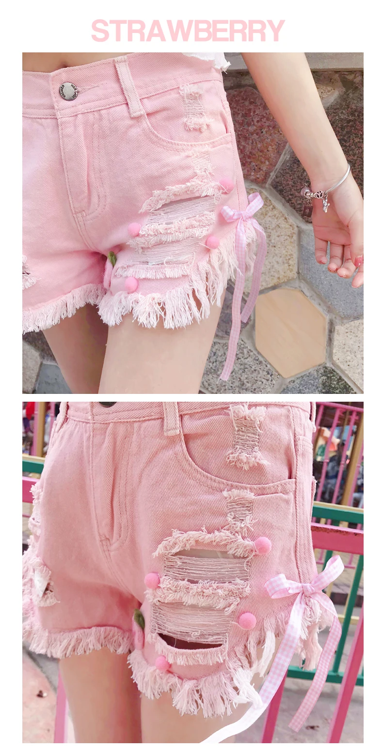 Летние джинсовые шорты Kawaii Junior, женские корейские шорты с дырочками, розовые, белые джинсы с бантом, Женские повседневные шорты с дырками