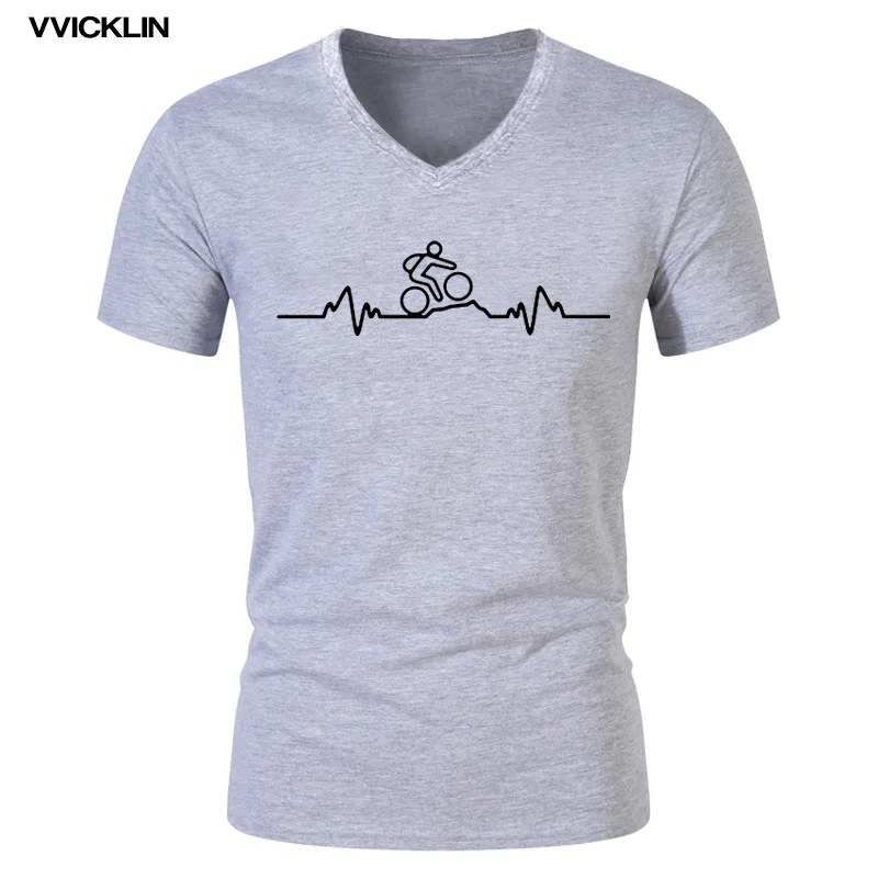 

Men's V-neck Cotton Short Sleeves T Shirts Mountain Biker Heartbeat Pulse Cyclinger T-shirt Cycle Fashion Funny Birthday Gift