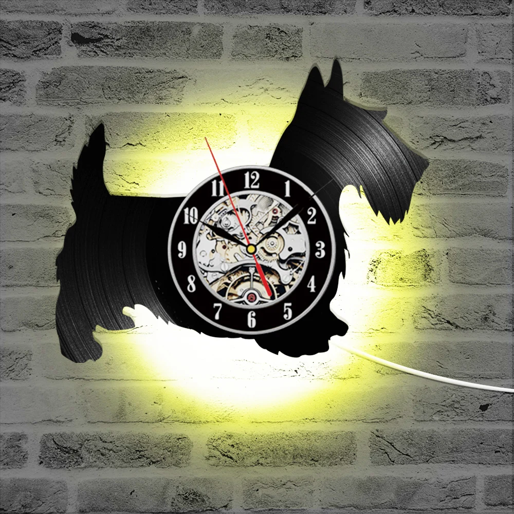 Scotty Dog Record Clock Creative Antique LED Digital Clock Vinyl Record Hanging Wall Clocks 7 Colors Changing Home Decor