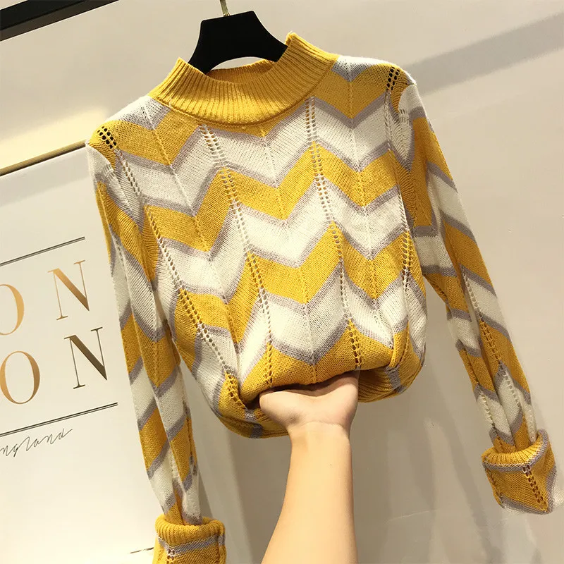 Neploe Цвет лоскутное волна в полоску Для женщин свитер среднего высокой шеи