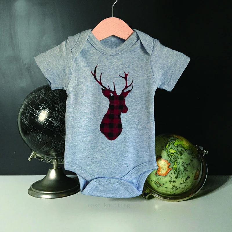 

DERMSPE Fashion Newborn Baby Boys Girls Short Sleeve Letter Print Deer Head Cartoon Cotton Romper Baby Jumpsuits Clothes Gray
