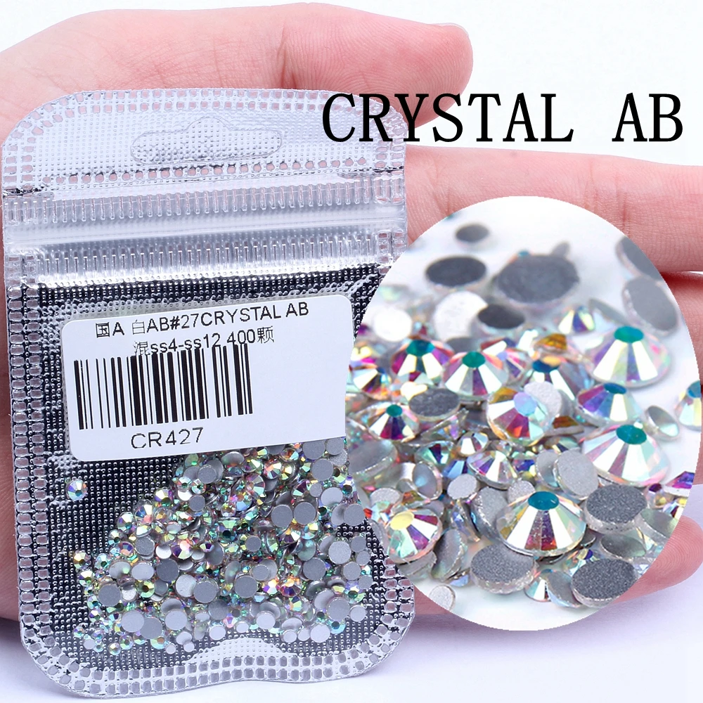 27 CRYSTAL AB 400 шт, 60 цветов, разные размеры, ss4-ss12, для дизайна ногтей, не горячей фиксации, хрустальные стразы, сделай сам, плоские с оборота, 3D стеклянные украшения для ногтей, стразы - Цвет: 27 CRYSTAL AB