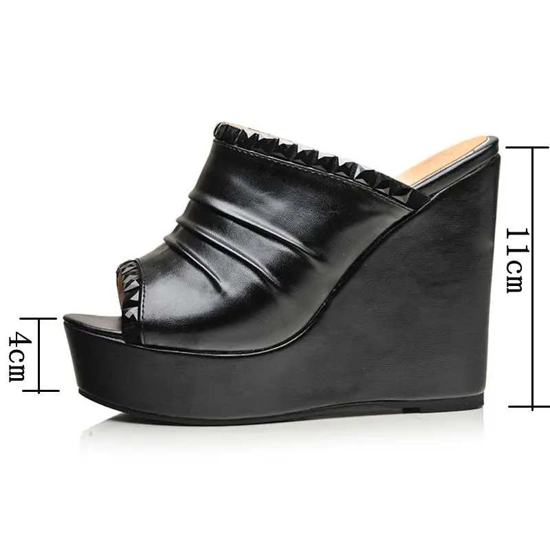 ?? 奪う猫ウェッジサンダルミュールスリッパプラットフォームハイヒール黒、白オレンジラインストーンプリーツ夏の女性 ZL022