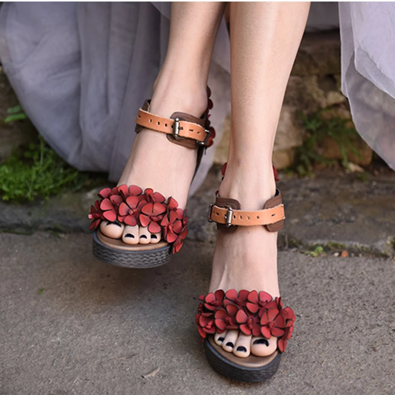 

Artmu Original Summer New Retro Flowers Thick Heels Women Sandals Sheepskin Platform High Heels Genuine Leather Handmade Sandals