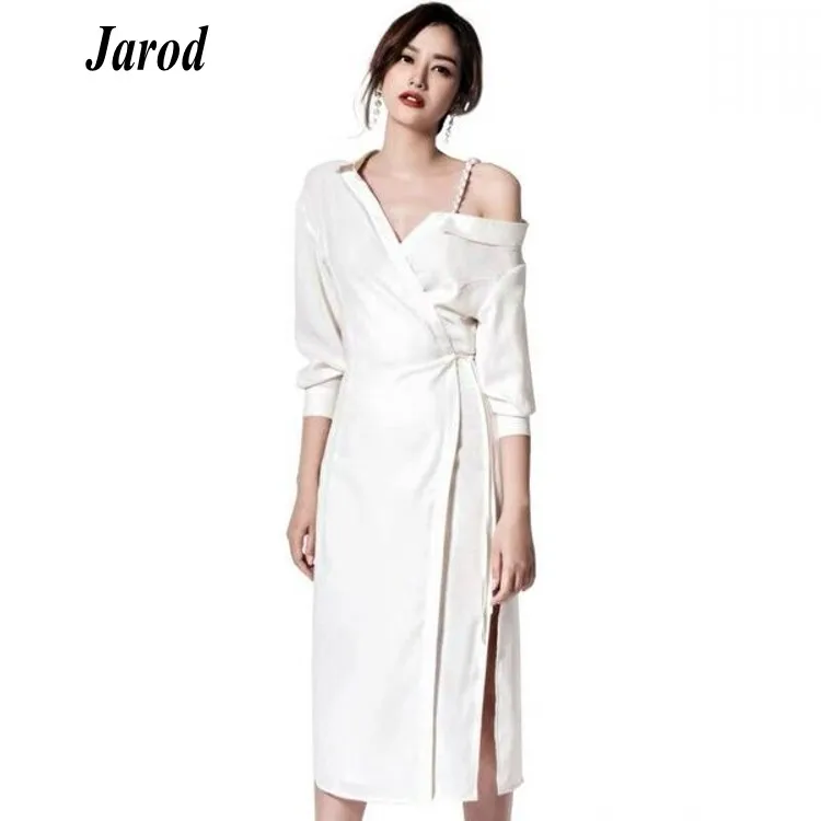 2019 Runway Spring Women White Split Sheath Dress Sexy Spaghetti Strap Long Sleeve fashion Casual Slim Off Shoulder party | Женская