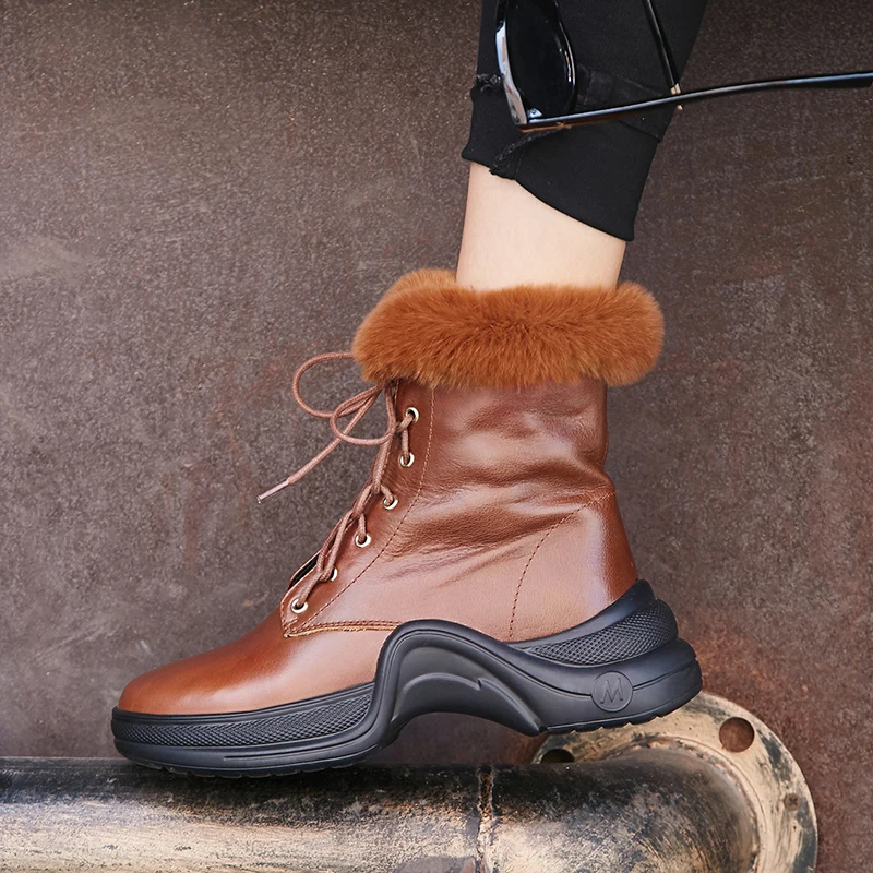 

WETKISS Winter Snow Women Boots Lace Up Round Toe Footwear Fur Platform Female Boot Fashion Cow Leather Shoes Woman 2018 Black