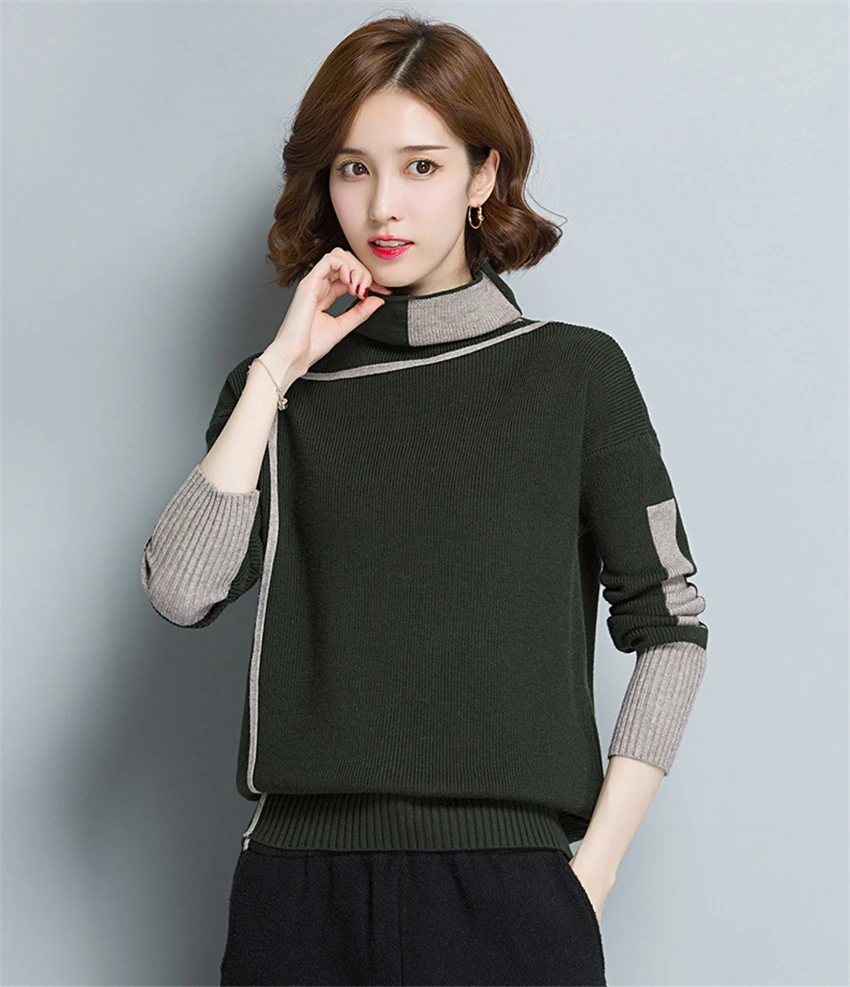 Женский зимний свитер с воротником-хомутом в стиле пэчворк, Женский вязаный свитер с длинным рукавом, женские свитера и пуловеры, женский джемпер, трико, топы