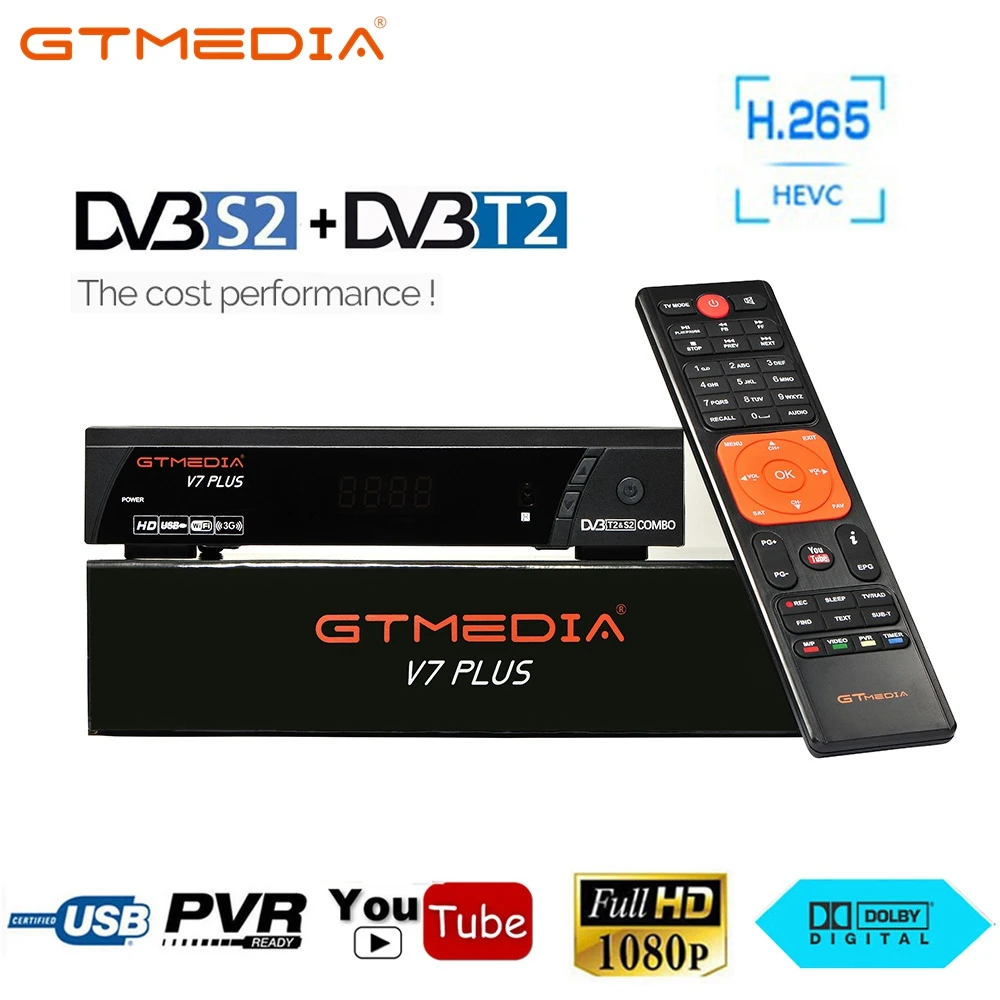 DVB-T2-тюнер приемник GTmedia V7 Plus HDMI HD 1080P спутниковый декодер ТВ коробка ТВ тюнер DVB T2 USB2.0 с usb Wifi dongle антенна