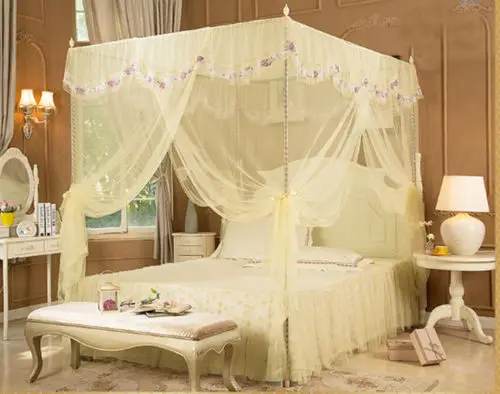 

Light Yellow/Beige Luxury Lace Four Corner Post Bed Canopy Mosquito Netting No Frame Post