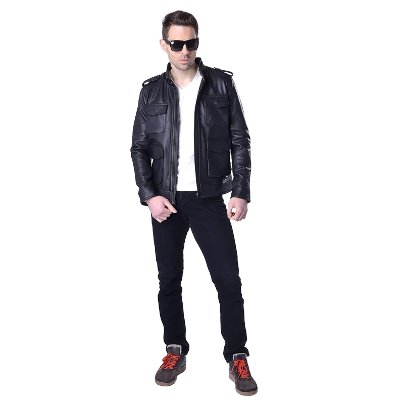 Мужская кожаная куртка из 100% натуральной воловьей кожи черная бомбер мужская