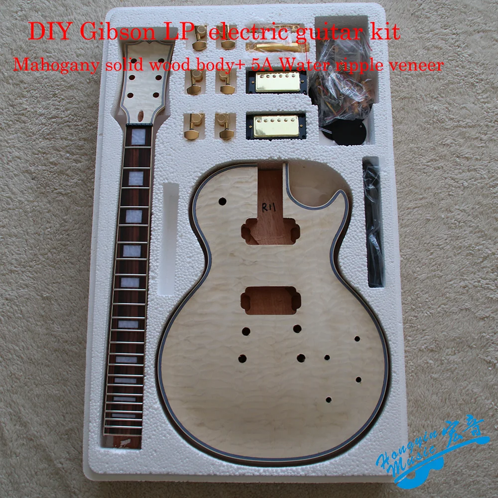 DIY LP стиль электрогитара комплект 0,6 мм 5A Белая Вода рябь шпон Африканский красное дерево Okoman шеи палисандр гриф
