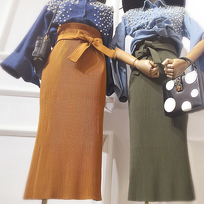 Осень высокой талией юбка карандаш длинные элегантные vintage ремень галстук