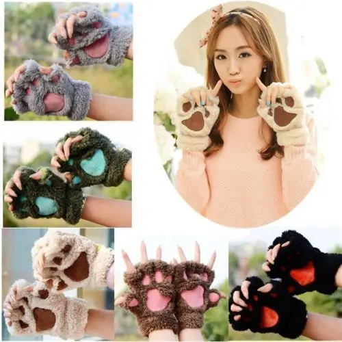 

1Pair Women Girls Lovely Winter Warm Fingerless Gloves Fluffy Bear Cat Plush Paw Claw Half Finger Gloves Mitten New