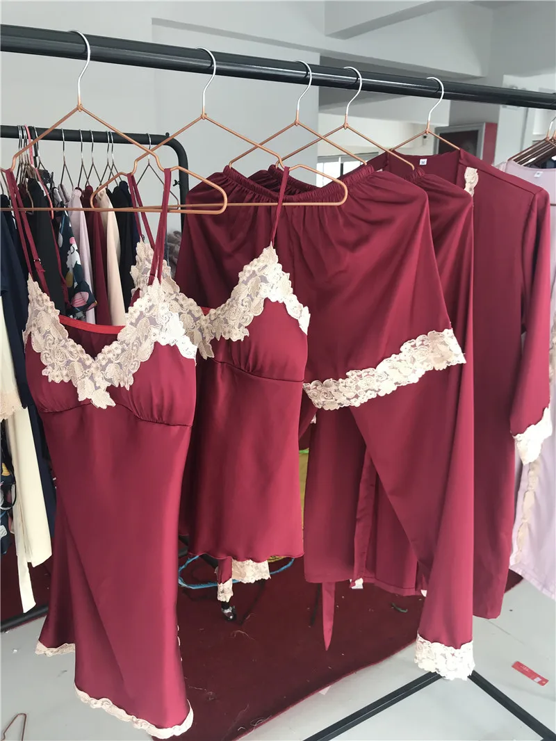 Для женщин пижамы 5 шт. сатиновая Пижама шелковая Домашняя одежда вышивка Пижама пижамный комплект с груди колодки