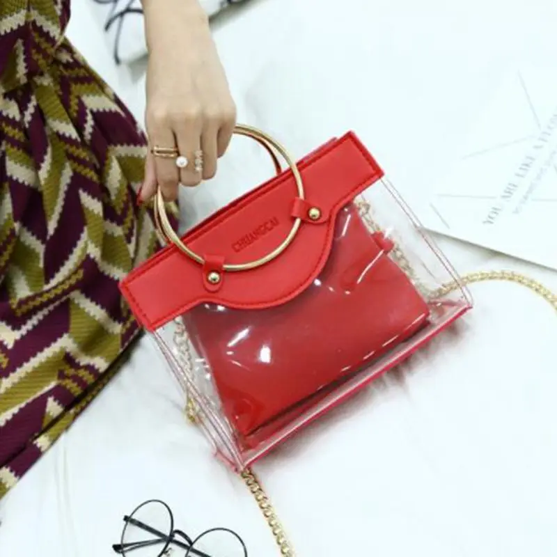 2020 Summer New Handbag High quality PVC Transparent Women bag Metallic Ring Tote Beach Travel Chain Shoulder Messenger Bag | Багаж и