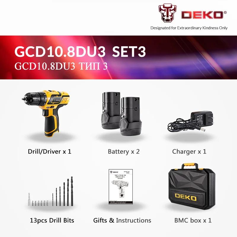 SET3 DEKO GCD10.8DU3 10,8 В аккумуляторная дрель электрическая отвертка литий-ионный мини-драйвер питания переменная скорость постоянного тока литий-ионный аккумулятор - Цвет: SET3