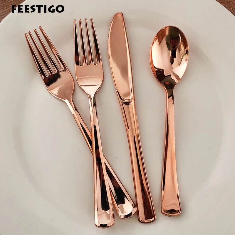 

Heavy Duty Rose Gold Disposable Tableware Sets Plastic Cutlery Set Disposable Forks/Knifes/Spoons Wedding and Party Supplies
