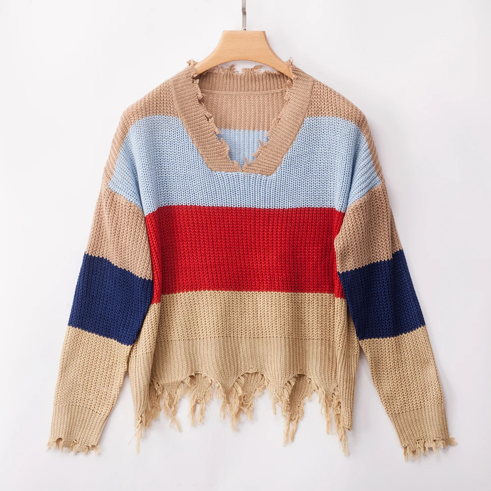 Хаки Rainbow Sweater Women Ripped V Neck Pullover and Sweater Long Sleeve Striped Autumn Knit Sweater - Цвет: Хаки