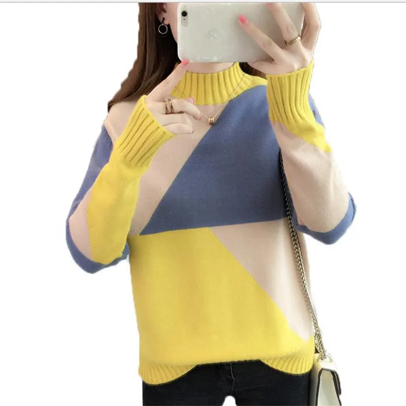 Contrast Color Autumn Winter Women Sweater 2018 New Long Sleeve Short Knitted Tops Half-Neck And Pullovers KnitwearQ1074 | Женская