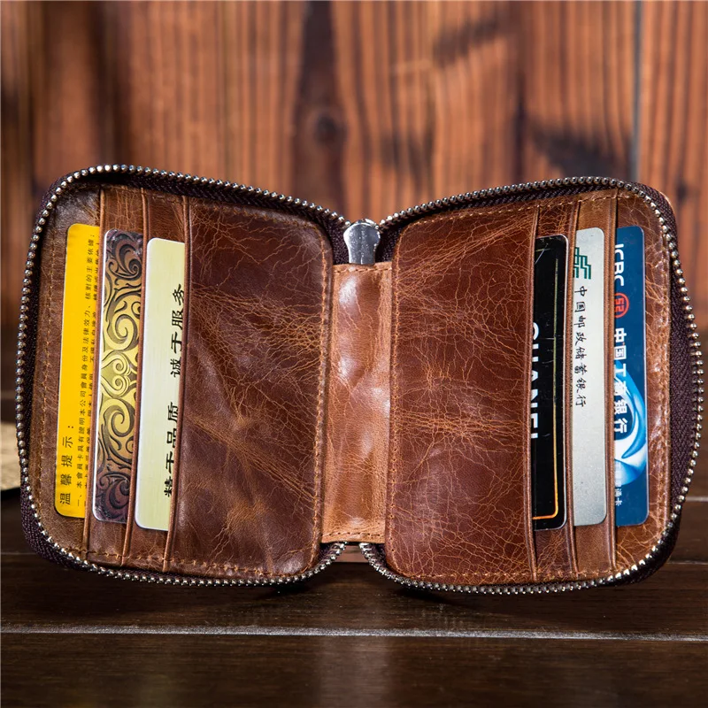 Молния слой воловья кожа RFID Анти дегаузинг Мужская натуральная масло воск