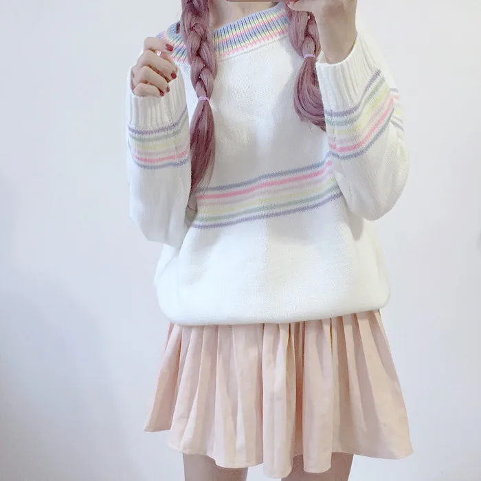 Autumn Edition Fresh Sweet Girl Colorful Stripe Long Sleeve Pullover Student Knitted Coat Feminine White Stripes Sweater | Женская