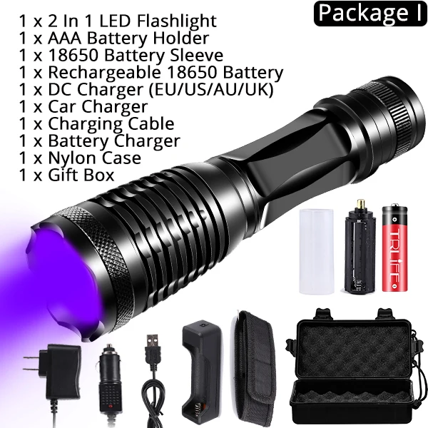 Package I 2в1 УФ-Фонарик светодиодный тактический фонарь Linternas 395nm Ультрафиолетовый детектор мочи для кемпинга домашних животных - Испускаемый цвет: Package I