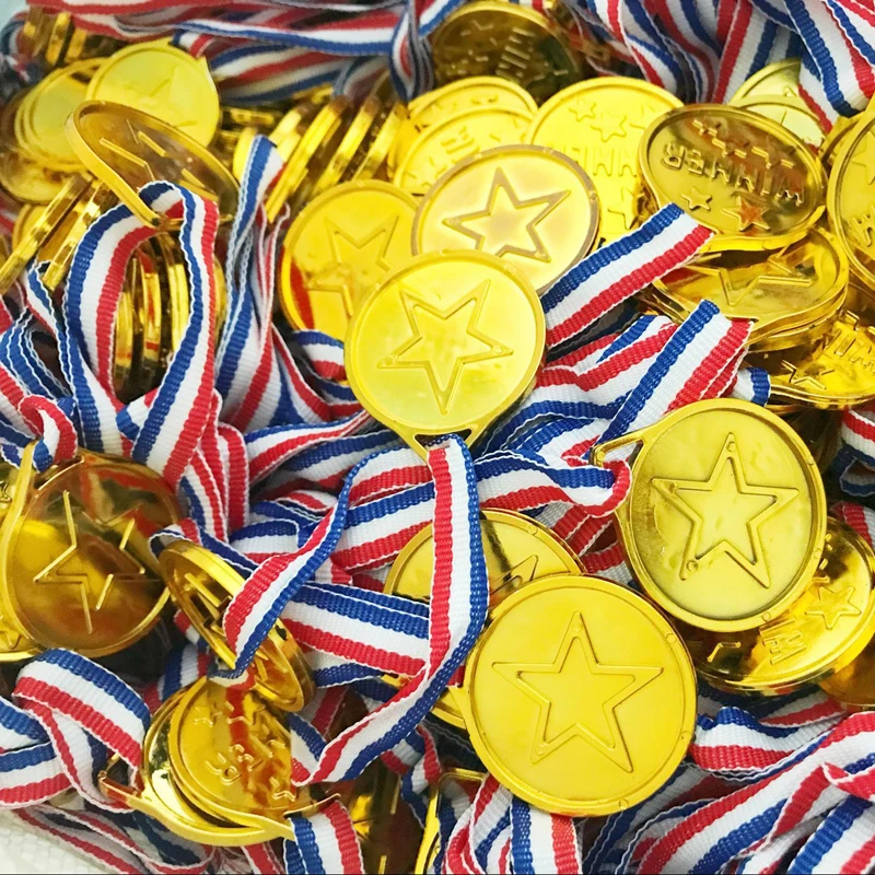

1pc Kid's Party Toys Plastic Gold Medals Ribbon Necklaces Kids Sport Prize Winner Awards Children's Champion Ornaments Gift