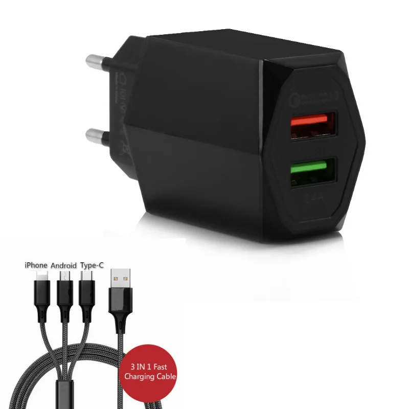 Путешествия Зарядное устройство быстрой Charge3.0 быстро Зарядное устройство Портативный стены USB Мощность адаптер для зарядки Iphone samsung Xiomi с 3-в-1 кабель - Цвет: EU White Set 3