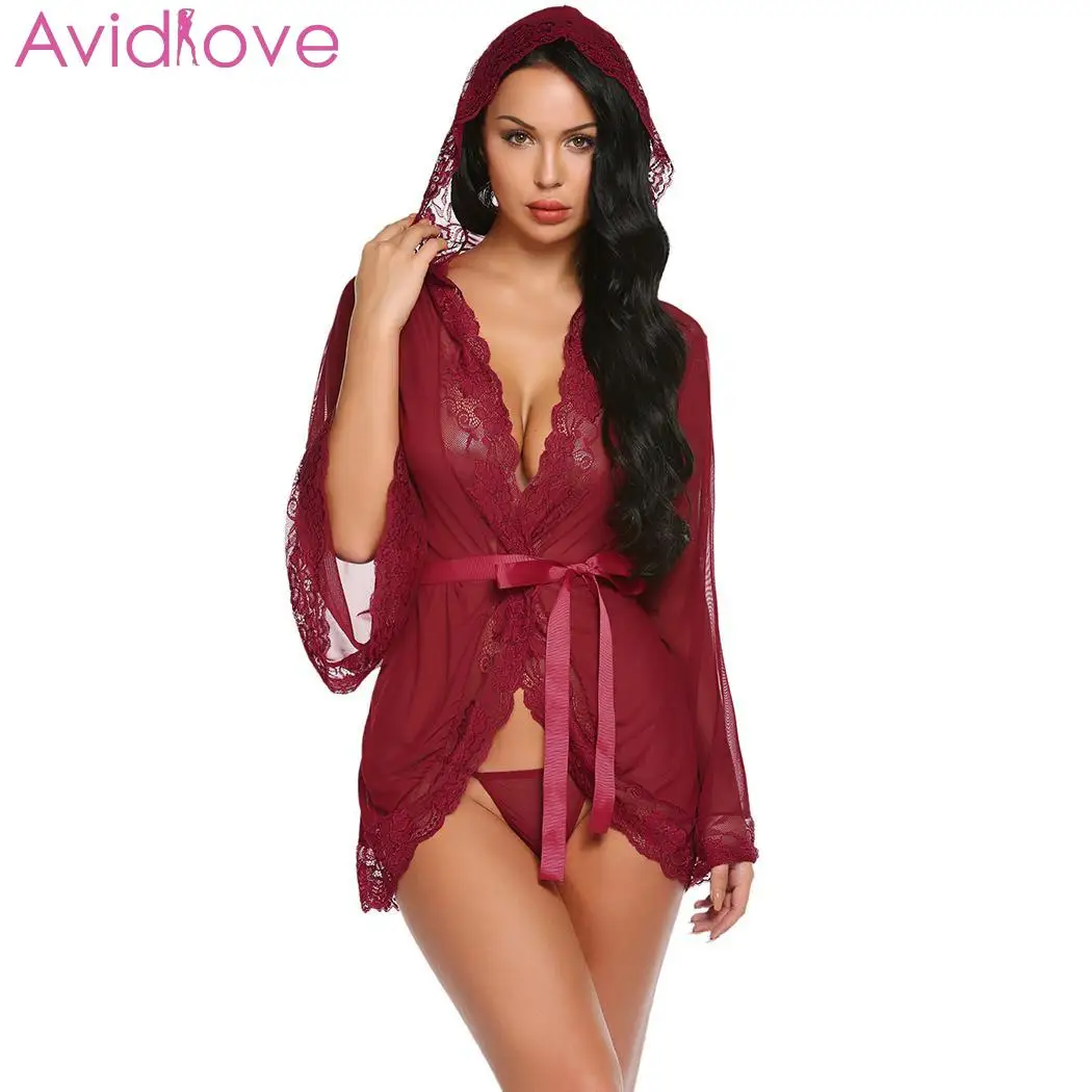 Avidlove женское сексуальное белье Babydoll эротический халат ночная Пижама с капюшоном с длинным рукавом кружевной лоскутный ночной кардиган халат - Цвет: Red