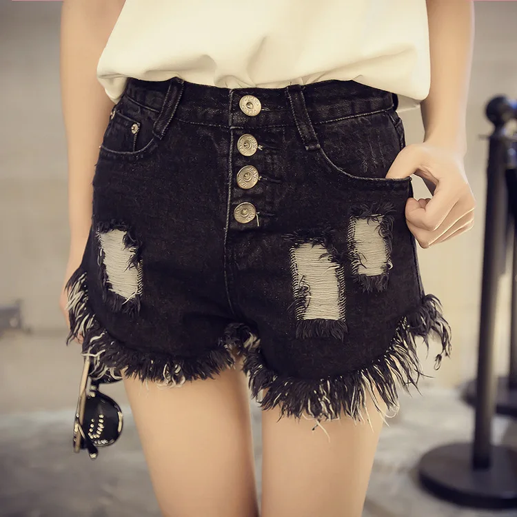 

Womens black sexy ripped shorts New High Waist Tassels short fitness women Denim Shorts Summer Feminino