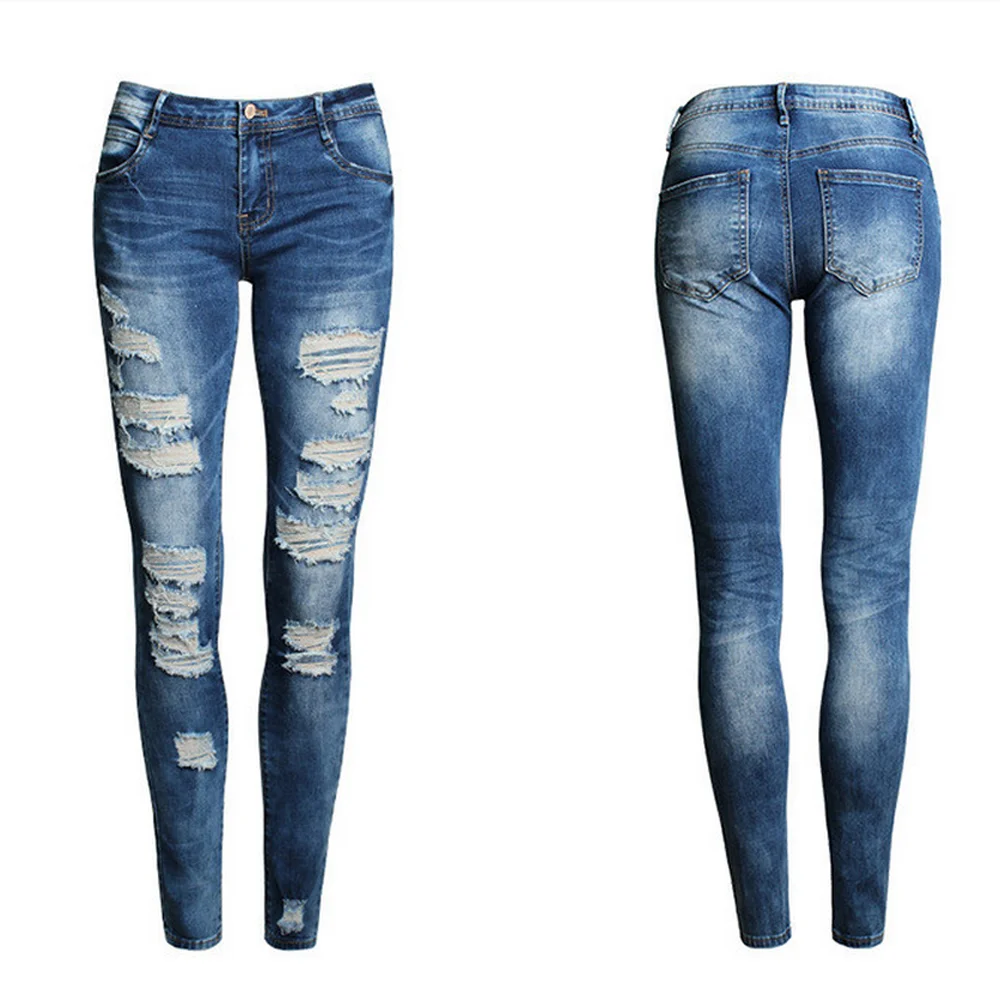 Ladies hole high elastic denim trousers vintage worn old Denim Skinny Pants High Waist Stretch Jeans Full Length 5.30 | Женская одежда