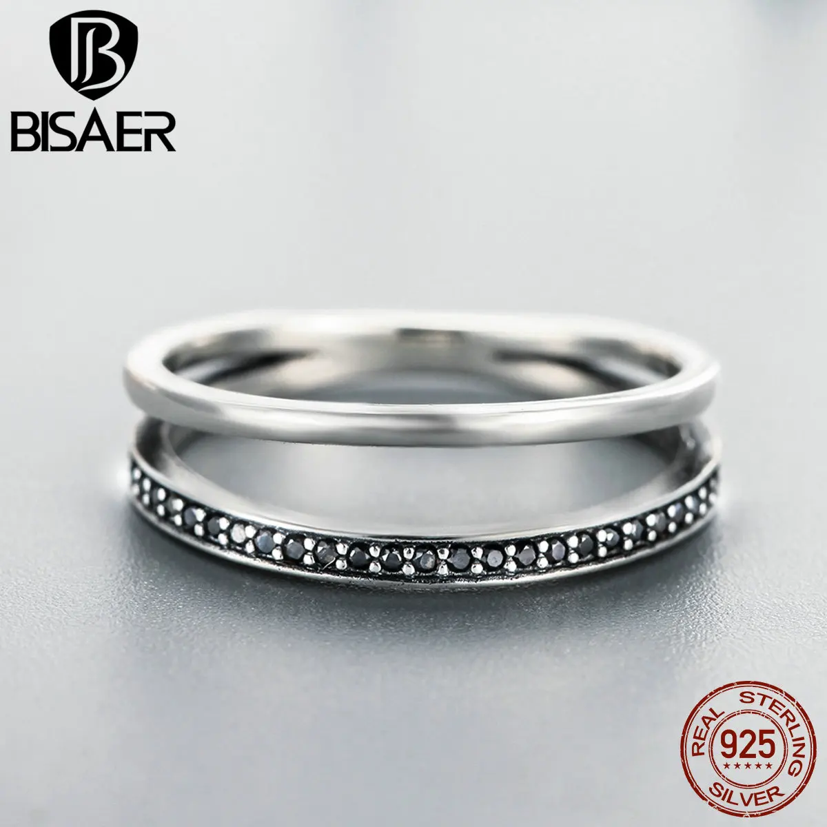 BISAER, 925 пробы, серебряное кольцо, Настройка канала, черная и белая полоса, неправильные кольца на палец для женщин, обручальное ювелирное изделие SR082