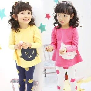 Комплекты одежды для девочек весна-осень детские футболки с длинными рукавами топы С круглым вырезом + штаны одежда с котом модные комплекты одежды для детей