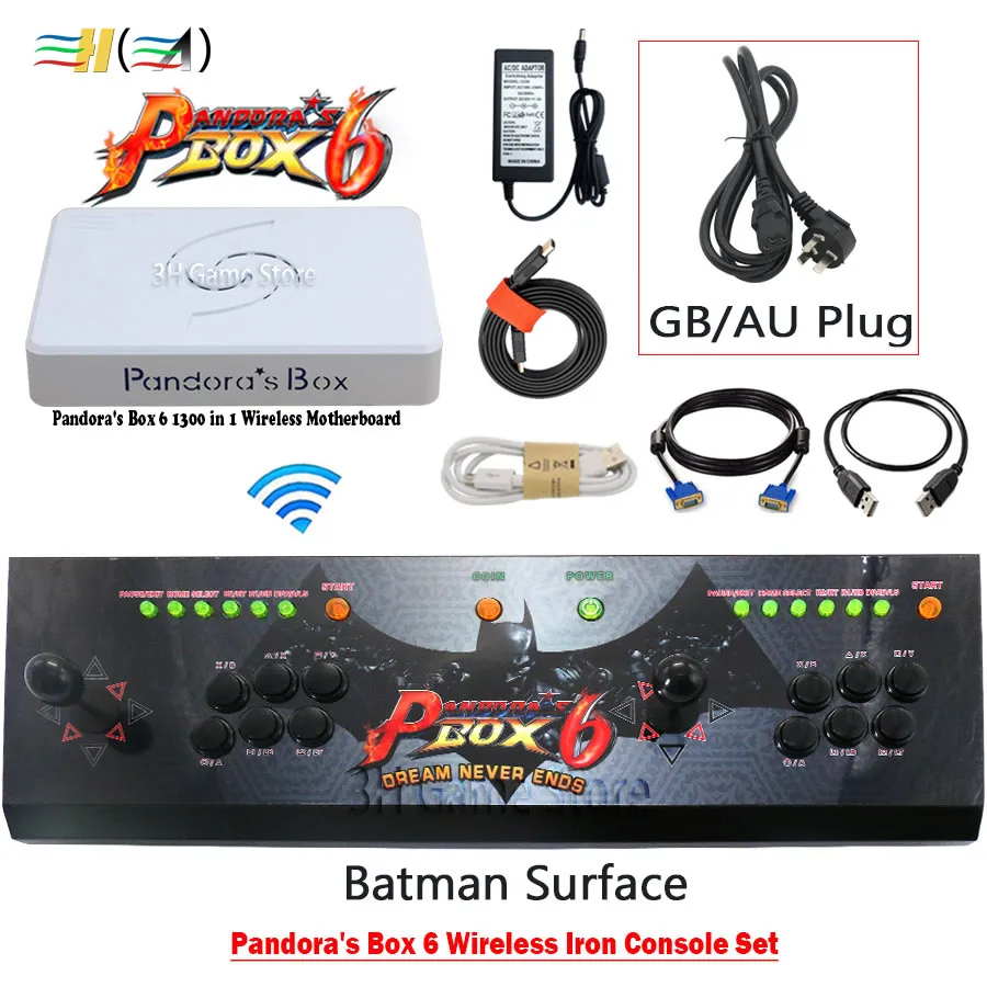 wireless batman GB Оригинальная коробка Pandora 6 1300 в 1, аркадная консоль, беспроводная железная консоль, набор, 2 плеера, кнопки джойстика, HDMI, VGA, выход, ТВ, ПК, PS3 - Цвет: wireless batman GB
