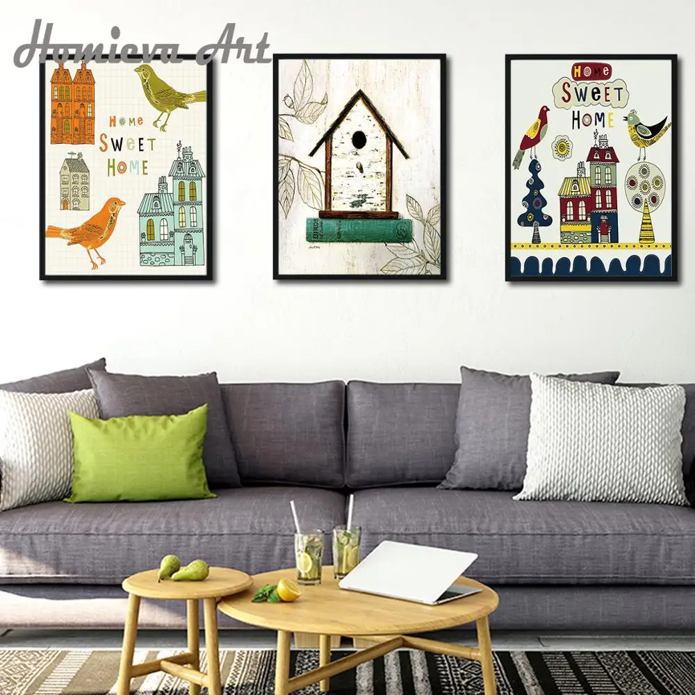 Cartoon City birds House Canvas Art Painting Print Poster And Prints Wall Pictures Kids Room Decor | Дом и сад