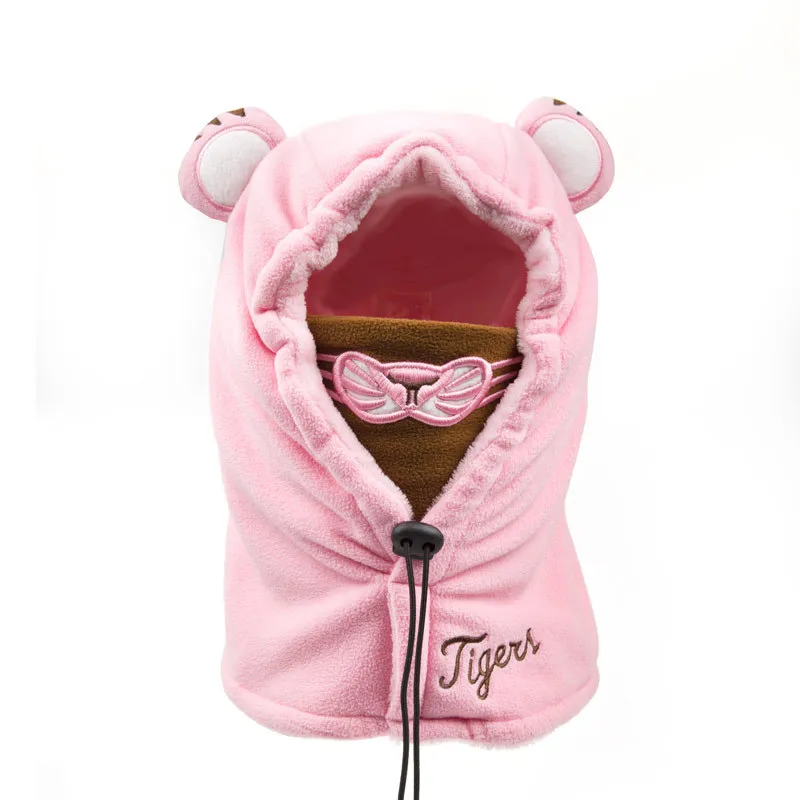 pink tiger Новая милая детская зимняя шапка с капюшоном и рисунком, комплект из хлопка, плотная шапка с капюшоном для маленьких мальчиков и девочек, теплые шапки с вышивкой - Цвет: pink tiger
