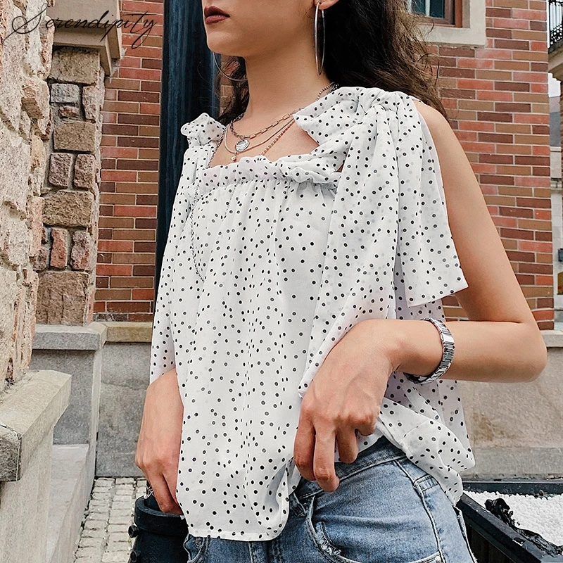 Женский шифоновый топ SRDP Свободный Белый Топ в горошек на шнурках 2019 | Женская