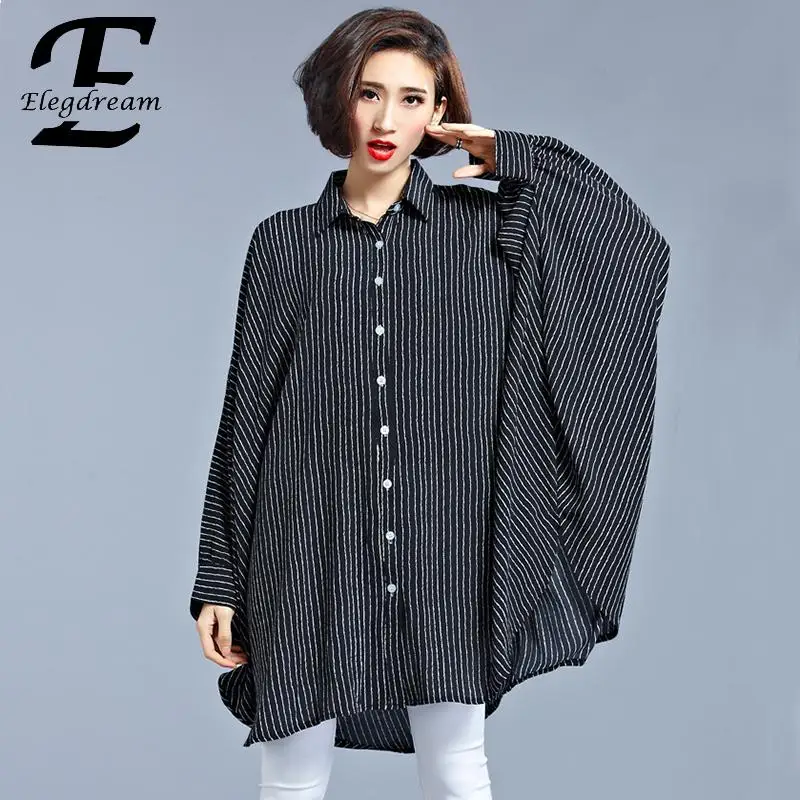 Elegdream Брендовая женская одежда больших размеров модная полосатая блузка рубашка