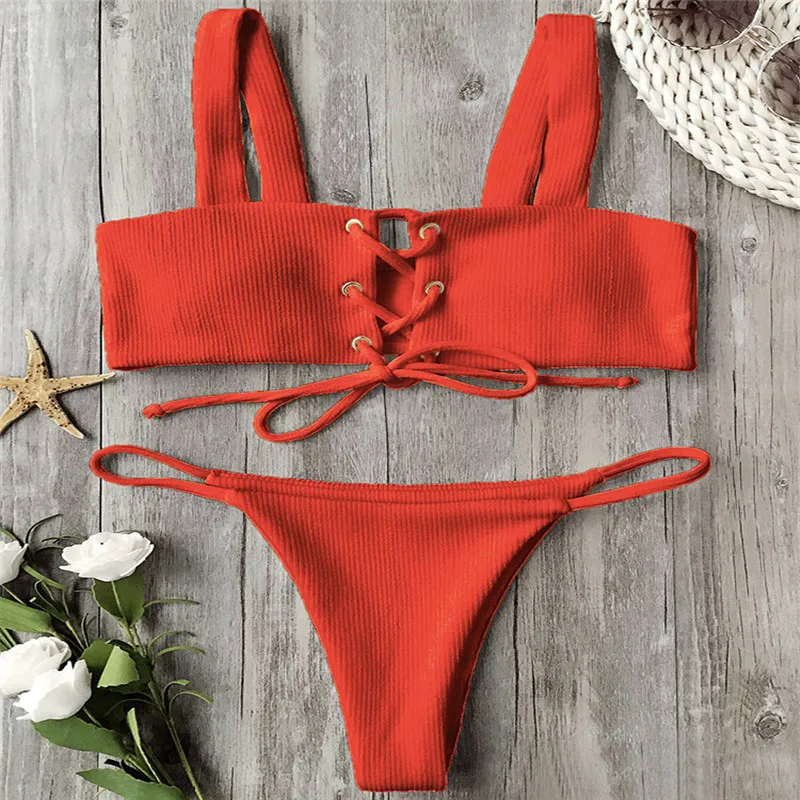 Новинка 2019 летний женский бандажный комплект бикини со средней талией
