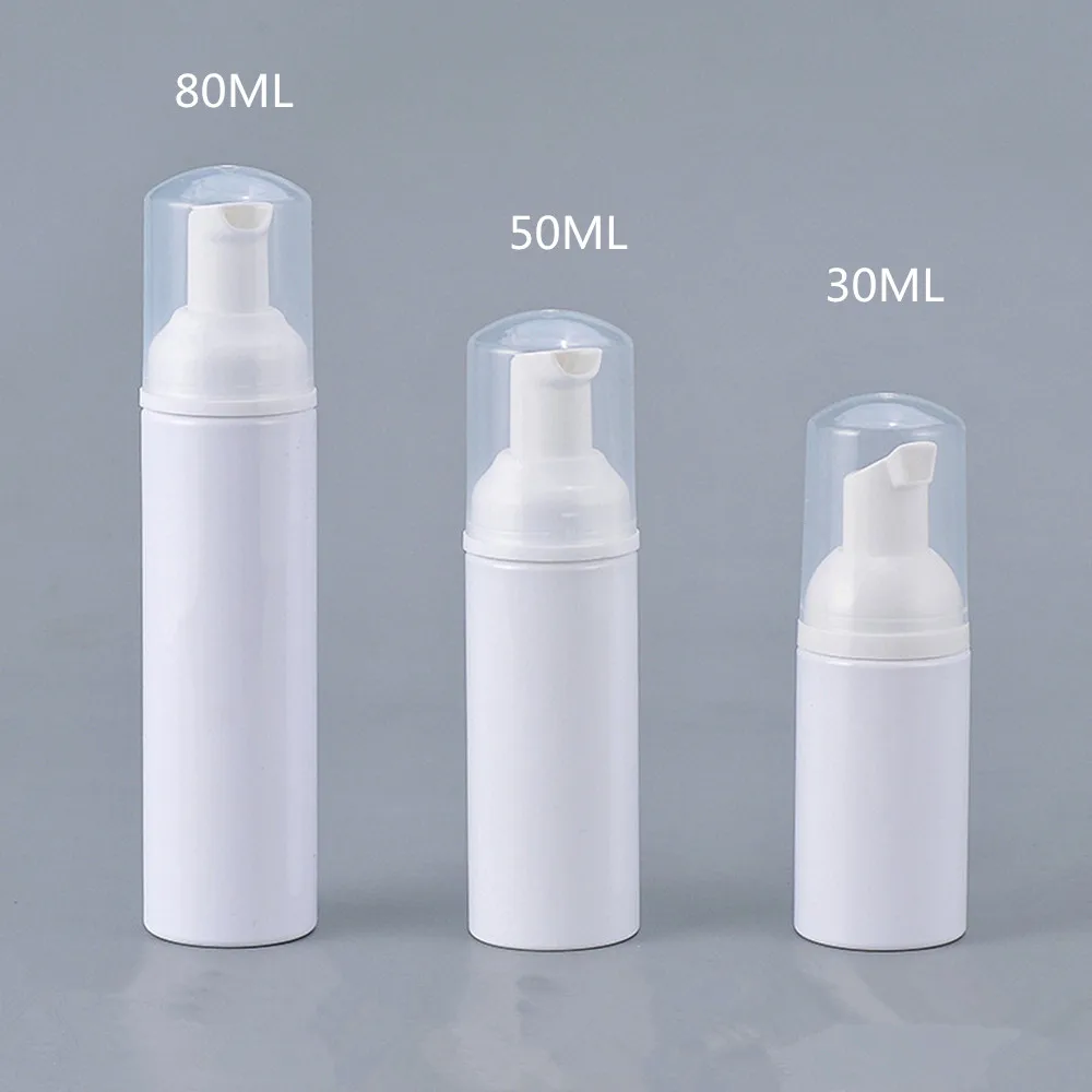 

12 X 30ML 50ML 80ML Travel Refillable Facial Cleanser PET White Liquid Soap Foam Bottle with White Foamer Pump
