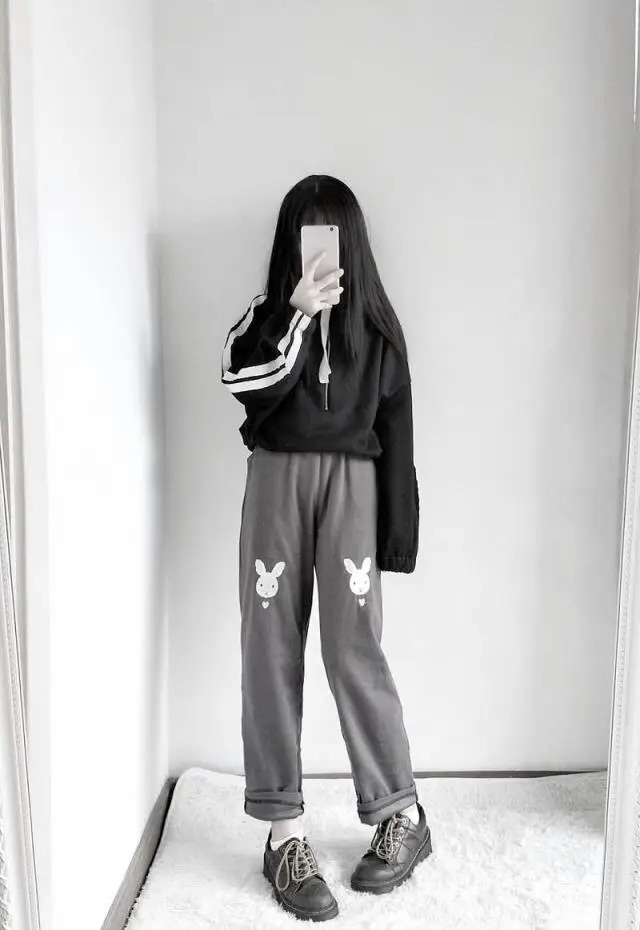 Милые женские длинные штаны с кроликом из мультфильма, Зимние Теплые повседневные брюки, осень, корейский цвет, серый и черный