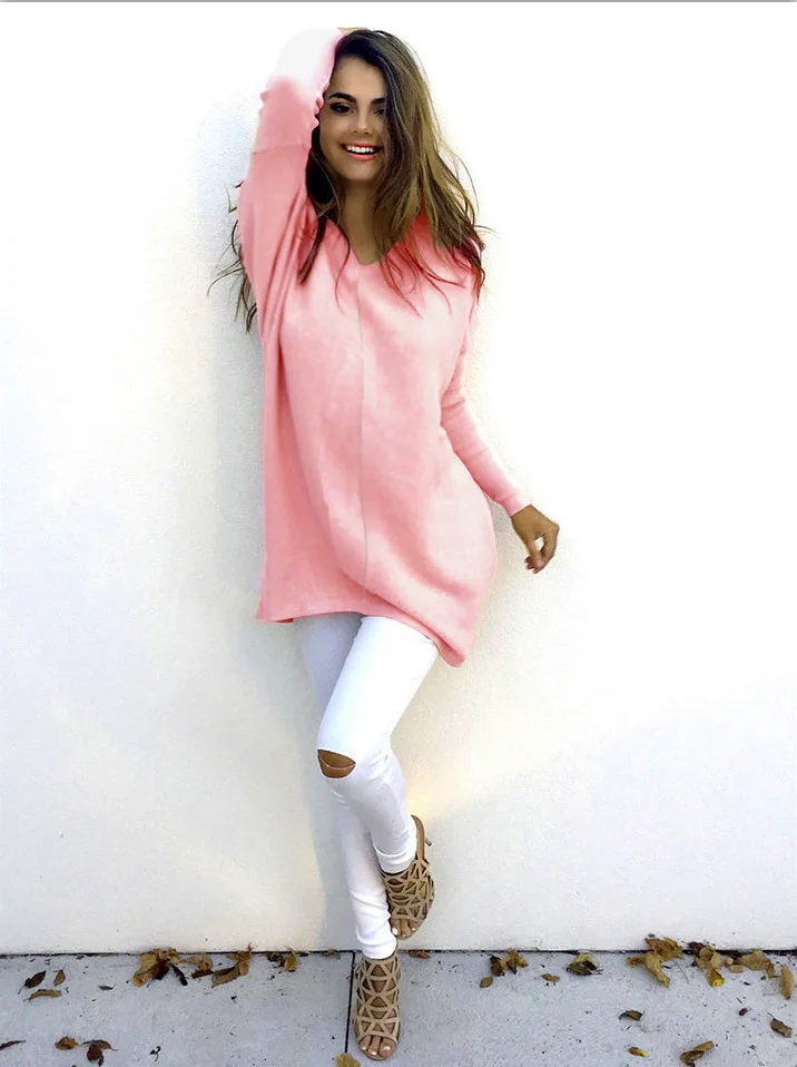 Sweater women 2019 new solid color v-neck long spring and autumn casual loose fashion long-sleeved women's sweater OYM0174 | Женская
