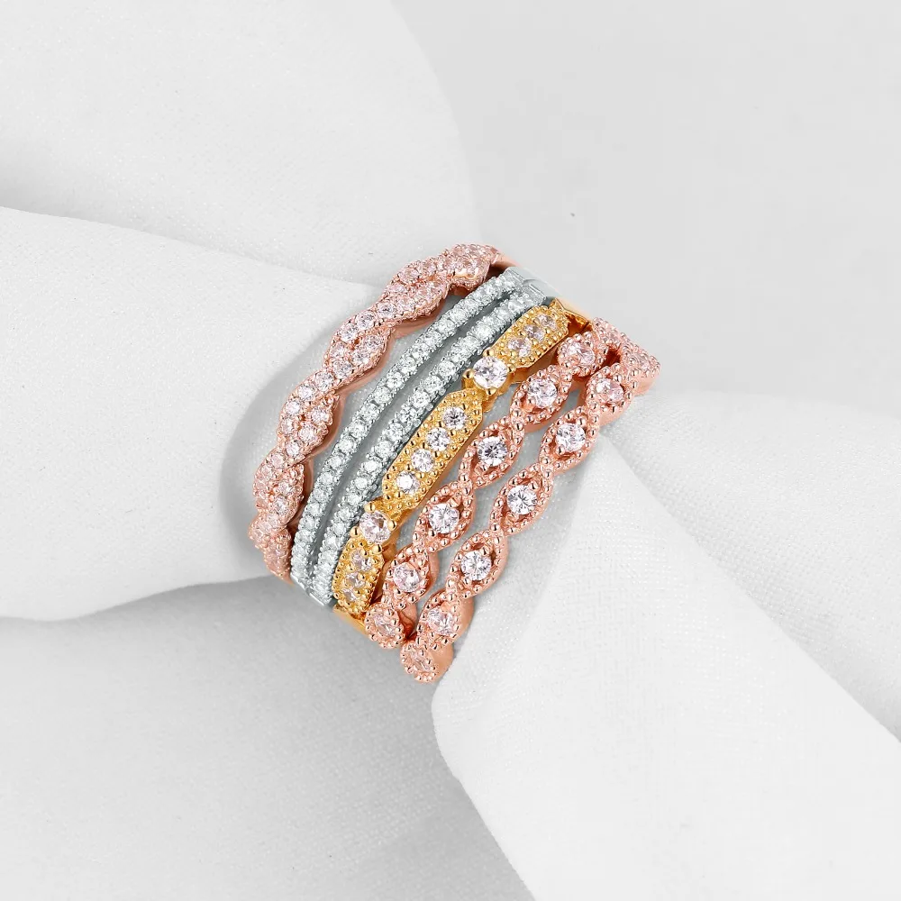 Newshe Stackable Свадебные Кольца для женщин 925 серебро Золотой розовое золото цвет твист деко кольцо Набор Вечность Группа подарок ювелирные изделия