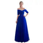 Королевские синие вечерние платья  Длинное платье с вырезом лодки Недорогое модное бальное платье с полурукавом