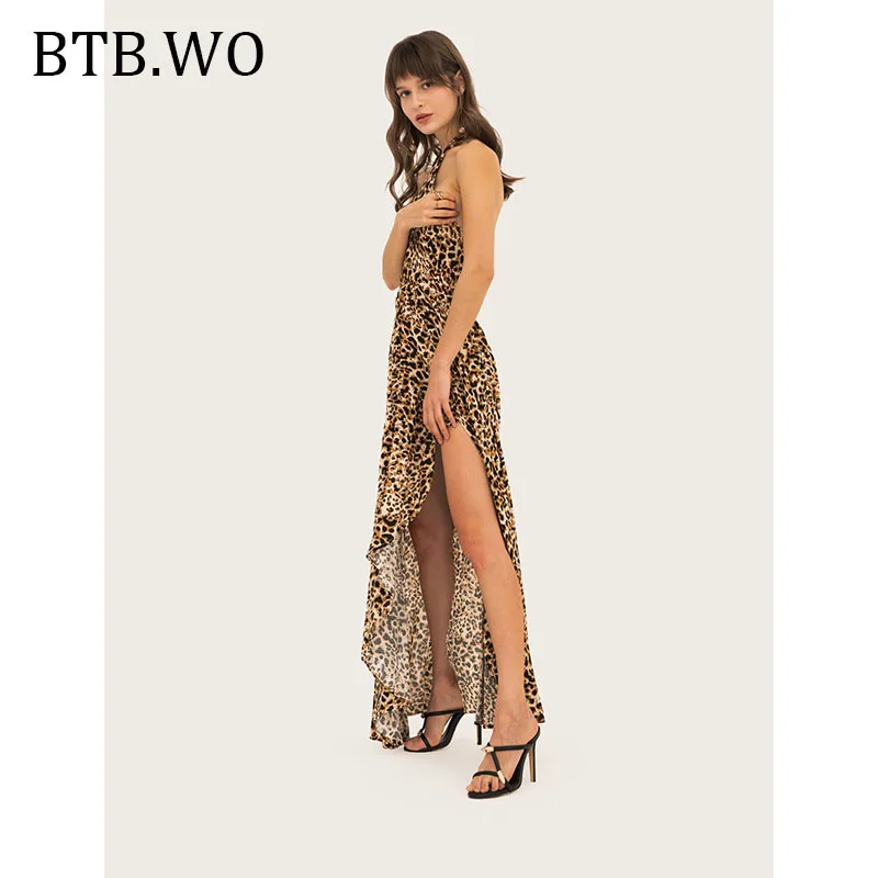 Женское сексуальное леопардовое платье 2019 летнее пляжное с завязками на шее