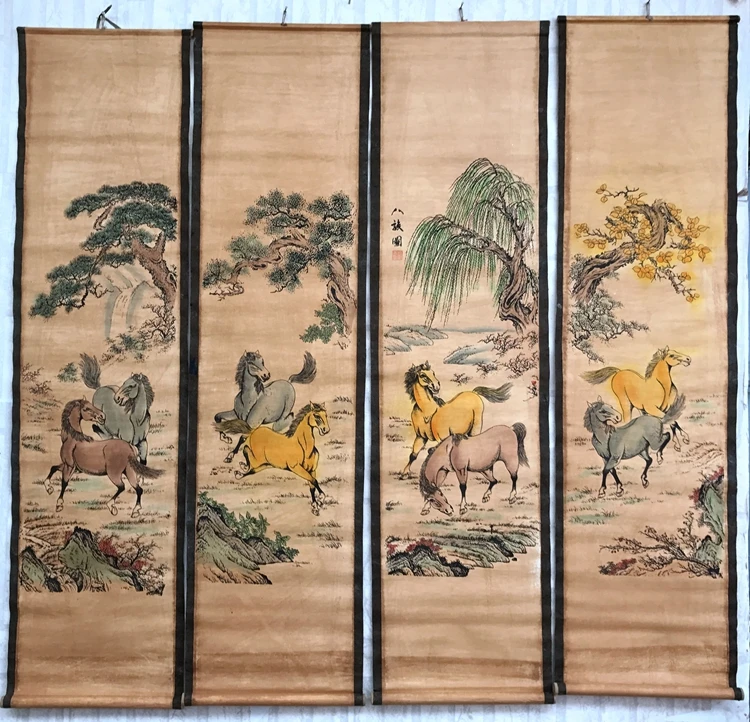 

China old scroll painting Four screen paintings Middle hall hanging painting Calligraphy Eight horses drawing
