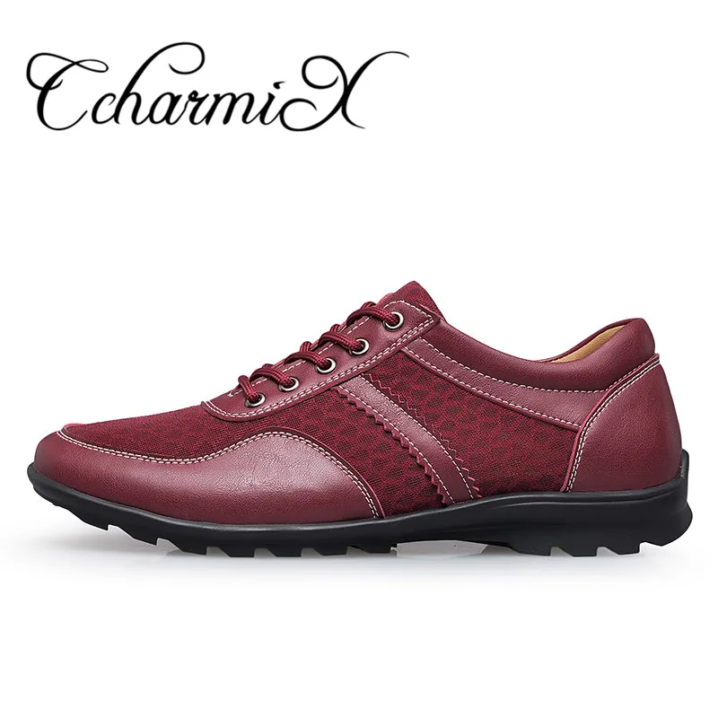 wine red CcharmiX/Большие размеры 38-48; кожаная мужская официальная обувь на шнурках; Мужские модельные туфли; Оксфордский бизнес; летние дышащие мужские туфли на плоской подошве для прогулок - Цвет: wine red